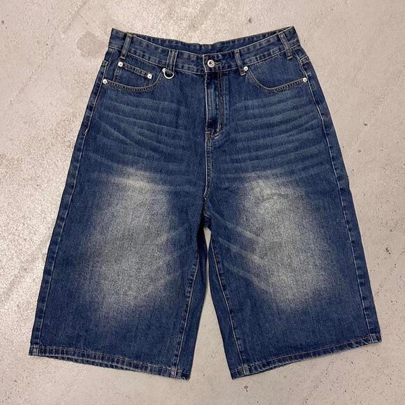 Vintage Baggy Y2k Urban Wide Leg Distressed Blue Faded Skater Shorts Mens 34